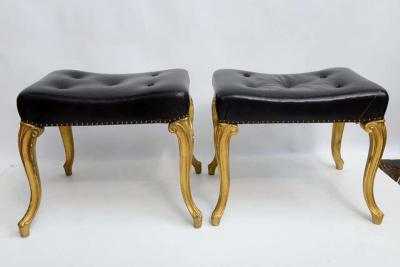 Vintage Hollywood Regency Glam French Black Leather Tufted Ottomans