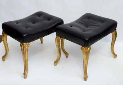Vintage Hollywood Regency Glam French Black Leather Tufted Ottomans