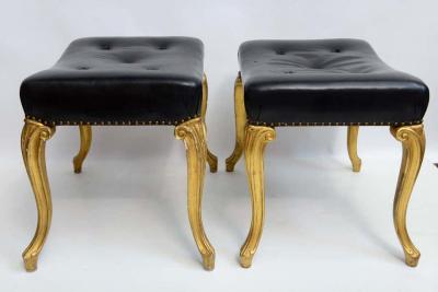 Vintage Hollywood Regency Glam French Black Leather Tufted Ottomans
