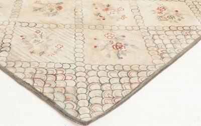 Vintage Hooked Floral Carmine and Beige Handmade Wool Rug