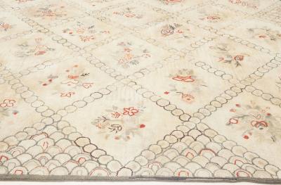 Vintage Hooked Floral Carmine and Beige Handmade Wool Rug