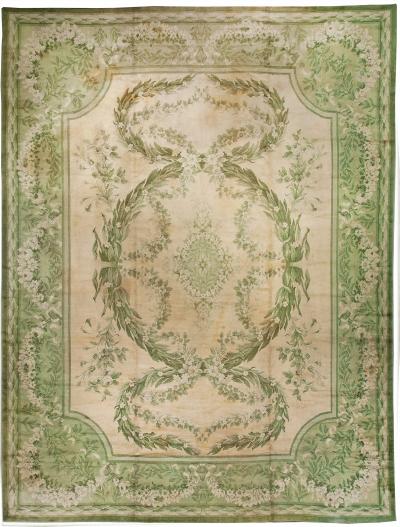 Vintage Irish Donegal Botanic Beige Green Handmade Wool Rug