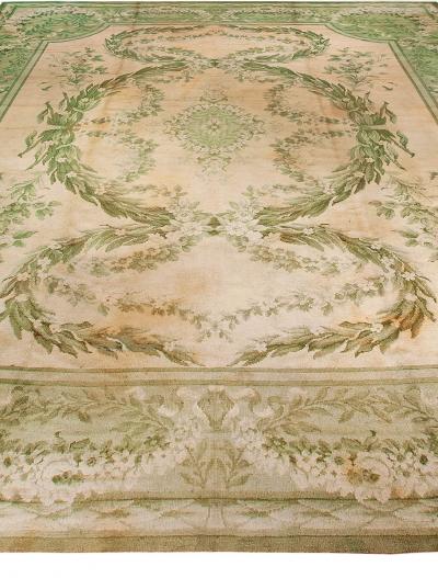 Vintage Irish Donegal Botanic Beige Green Handmade Wool Rug
