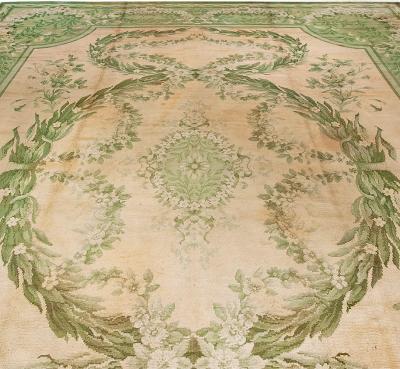 Vintage Irish Donegal Botanic Beige Green Handmade Wool Rug