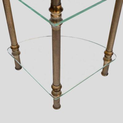 Vintage Italian 3 tier glass and brass quarter shape side table