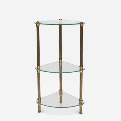 Vintage Italian 3 tier glass and brass quarter shape side table