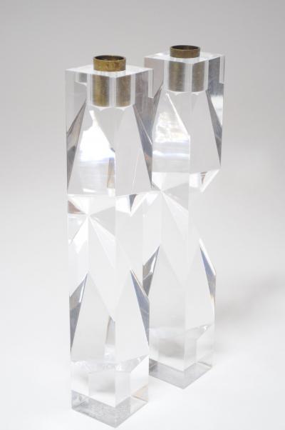 Vintage Italian Asymmetrical Lucite and Brass Sculptural Prism Candleholders