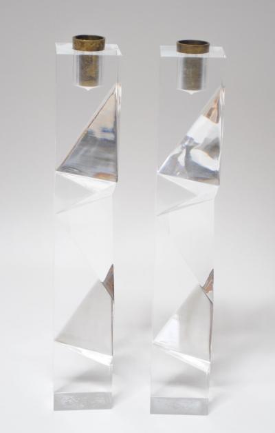 Vintage Italian Asymmetrical Lucite and Brass Sculptural Prism Candleholders