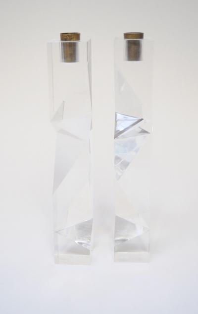 Vintage Italian Asymmetrical Lucite and Brass Sculptural Prism Candleholders