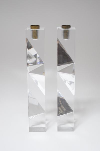 Vintage Italian Asymmetrical Lucite and Brass Sculptural Prism Candleholders