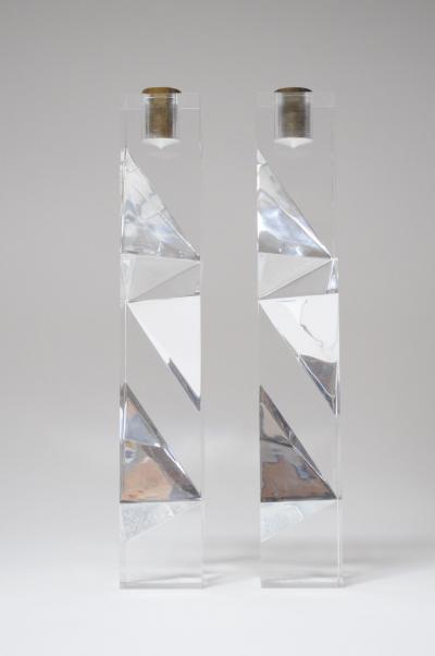 Vintage Italian Asymmetrical Lucite and Brass Sculptural Prism Candleholders
