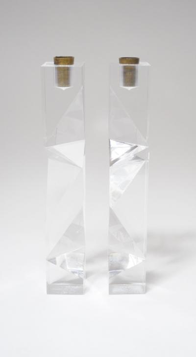 Vintage Italian Asymmetrical Lucite and Brass Sculptural Prism Candleholders
