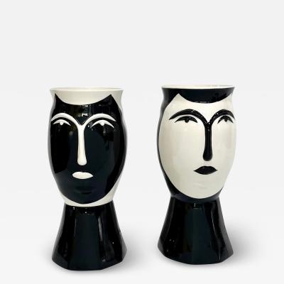 Vintage Italian Bassano Ceramic Pair of Black White Faces Bust Shape Large Vases