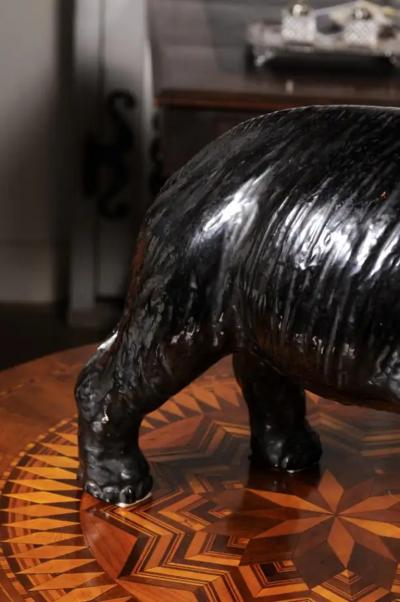Vintage Italian Black Glazed Ceramic Sculpture of a Walking Elephant Trunk Up