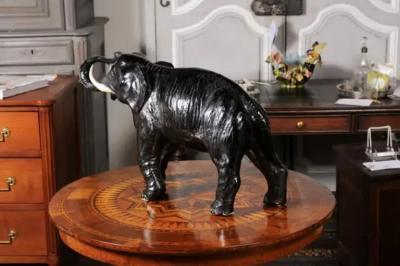 Vintage Italian Black Glazed Ceramic Sculpture of a Walking Elephant Trunk Up