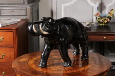 Vintage Italian Black Glazed Ceramic Sculpture of a Walking Elephant Trunk Up