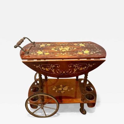 Vintage Italian Floral Inlay Rolling Bar Tea Cart Drop Leaf Sides