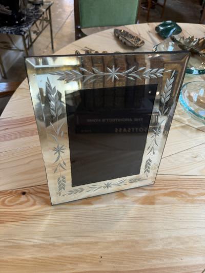 Vintage Italian Hand Etched Glass Picture Frame with Floral Motif 1970s