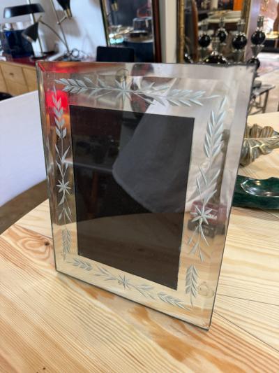 Vintage Italian Hand Etched Glass Picture Frame with Floral Motif 1970s
