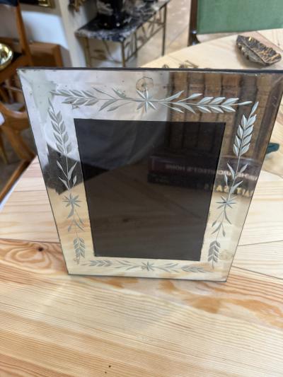 Vintage Italian Hand Etched Glass Picture Frame with Floral Motif 1970s