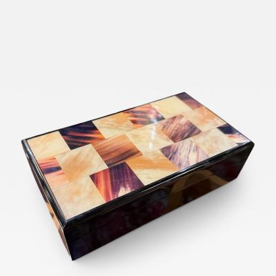 Vintage Italian Inlaid Horn and Wood Box with Hinged Lid