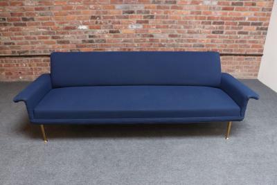 Vintage Italian Modernist Sculptural Sofa in Blue Tweed with Brass Tapered Legs