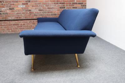 Vintage Italian Modernist Sculptural Sofa in Blue Tweed with Brass Tapered Legs