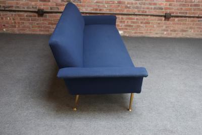 Vintage Italian Modernist Sculptural Sofa in Blue Tweed with Brass Tapered Legs