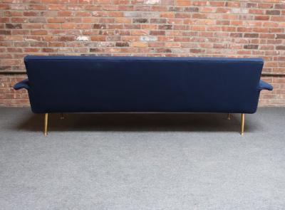 Vintage Italian Modernist Sculptural Sofa in Blue Tweed with Brass Tapered Legs