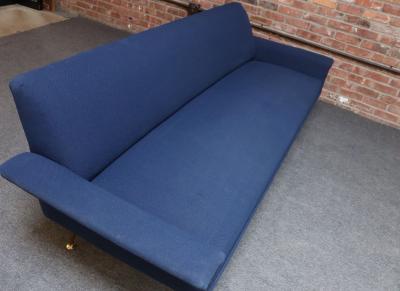 Vintage Italian Modernist Sculptural Sofa in Blue Tweed with Brass Tapered Legs