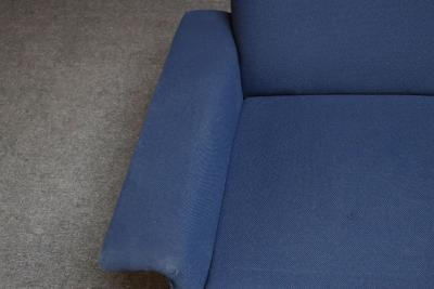 Vintage Italian Modernist Sculptural Sofa in Blue Tweed with Brass Tapered Legs