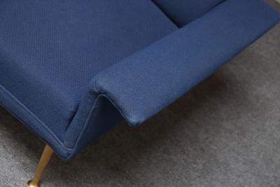 Vintage Italian Modernist Sculptural Sofa in Blue Tweed with Brass Tapered Legs