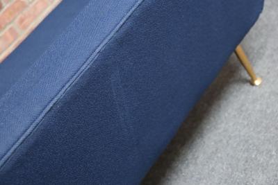 Vintage Italian Modernist Sculptural Sofa in Blue Tweed with Brass Tapered Legs