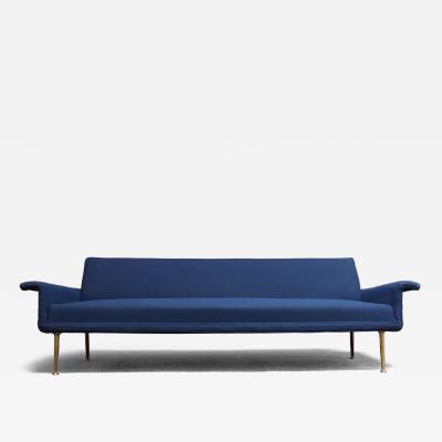 Vintage Italian Modernist Sculptural Sofa in Blue Tweed with Brass Tapered Legs