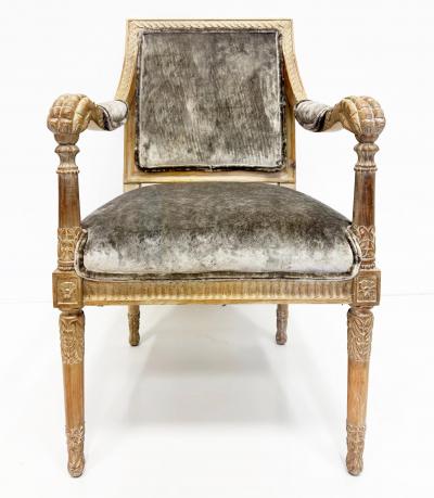Vintage Italian Neoclassical Carved Wood Armchairs Newly Upholstered Pair