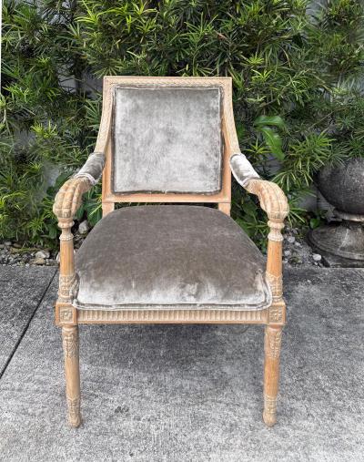 Vintage Italian Neoclassical Carved Wood Armchairs Newly Upholstered Pair