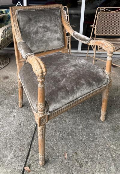Vintage Italian Neoclassical Carved Wood Armchairs Newly Upholstered Pair