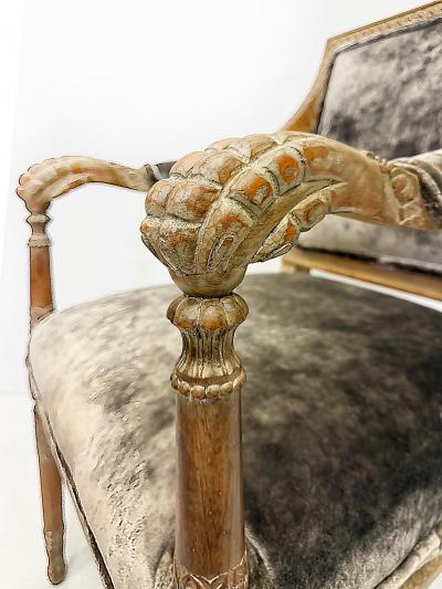 Vintage Italian Neoclassical Carved Wood Armchairs Newly Upholstered Pair