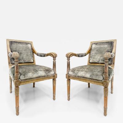 Vintage Italian Neoclassical Carved Wood Armchairs Newly Upholstered Pair