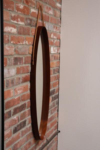 Vintage Italian Oval Walnut Wall Mirror with Original Rope Strap