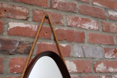 Vintage Italian Oval Walnut Wall Mirror with Original Rope Strap