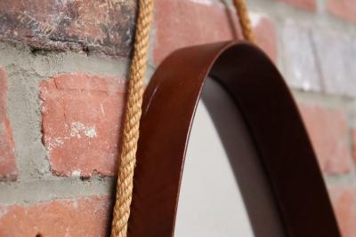 Vintage Italian Oval Walnut Wall Mirror with Original Rope Strap
