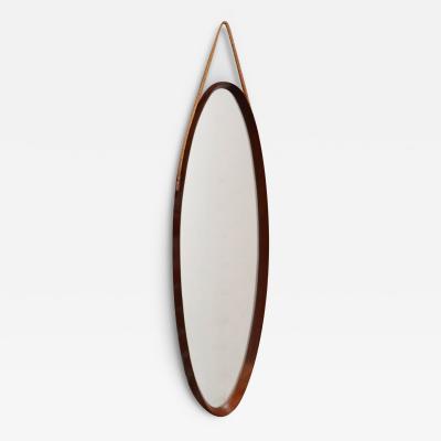 Vintage Italian Oval Walnut Wall Mirror with Original Rope Strap