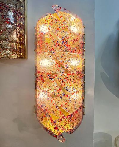 Vintage Italian Pair Polychrome Pattern Murano Glass Brass Sconces Flush Mounts