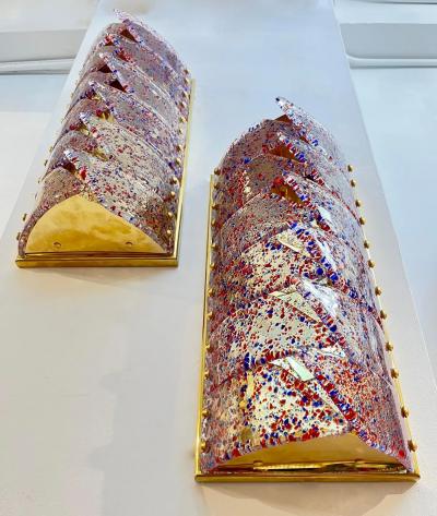 Vintage Italian Pair Polychrome Pattern Murano Glass Brass Sconces Flush Mounts