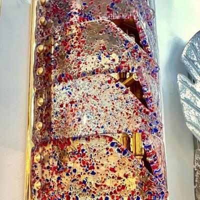 Vintage Italian Pair Polychrome Pattern Murano Glass Brass Sconces Flush Mounts