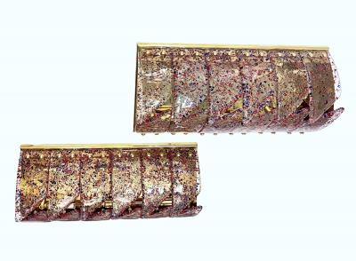 Vintage Italian Pair Polychrome Pattern Murano Glass Brass Sconces Flush Mounts