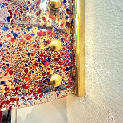 Vintage Italian Pair Polychrome Pattern Murano Glass Brass Sconces Flush Mounts