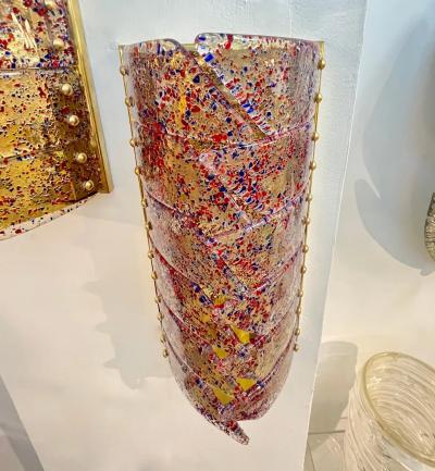 Vintage Italian Pair Polychrome Pattern Murano Glass Brass Sconces Flush Mounts