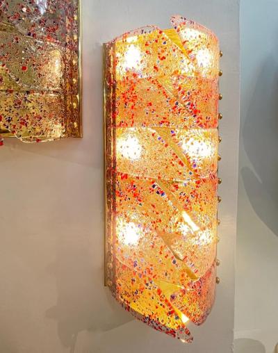 Vintage Italian Pair Polychrome Pattern Murano Glass Brass Sconces Flush Mounts